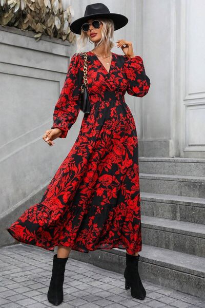 Printed Surplice Balloon Sleeve Midi Dress |1mrk.com