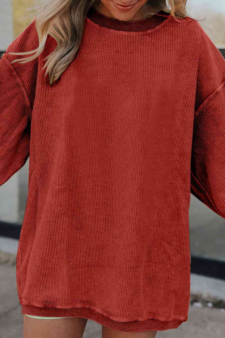 Ribbed Round Neck Drop Shoulder Sweatshirt |1mrk.com