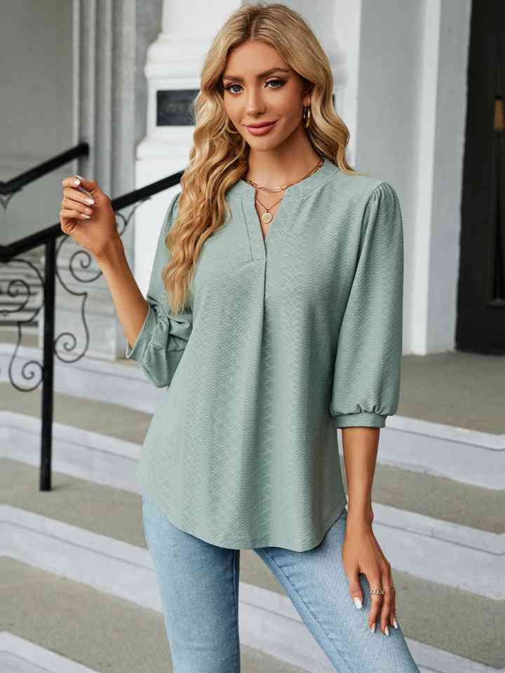 Notched Neck Three-Quarter Sleeve Blouse | 1mrk.com