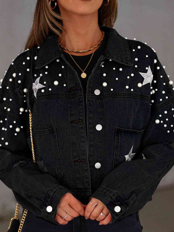 Pearl Trim Button Up Denim Jacket with Pockets |1mrk.com