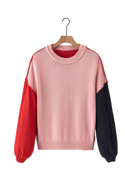 Contrast Round Neck Dropped Shoulder Sweater |1mrk.com