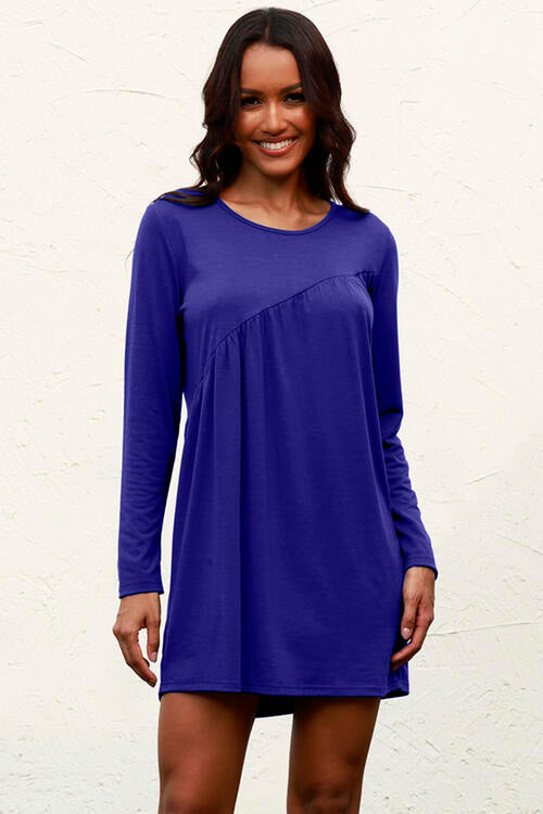 Ruched Round Neck Long Sleeve Dress | 1mrk.com