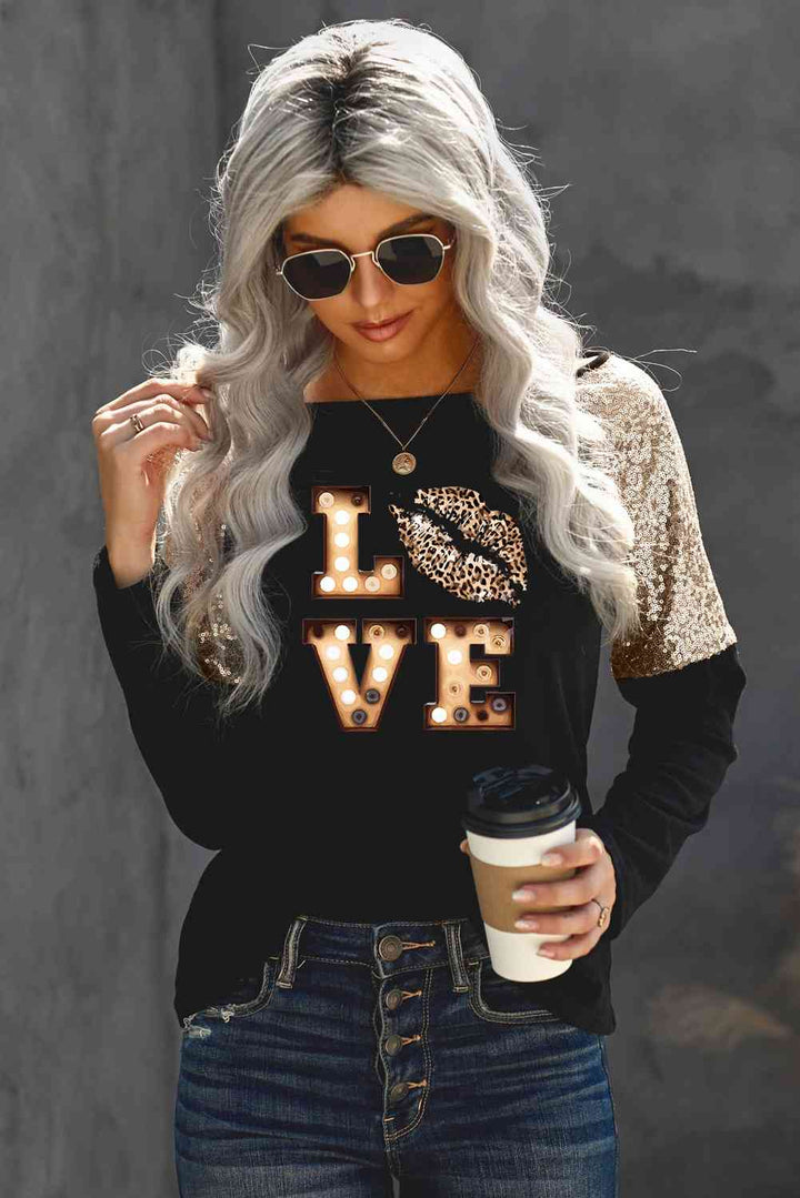 LOVE Graphic Sequin Long Sleeve T-Shirt | 1mrk.com