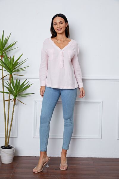 Texture Half Button Raw Hem Top |1mrk.com