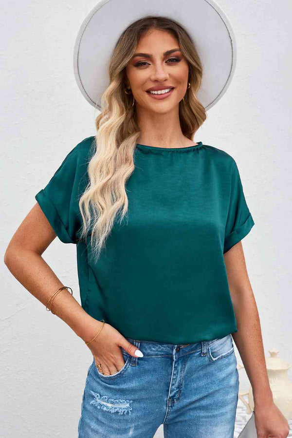 Round Neck Cuffed Sleeve Top | 1mrk.com