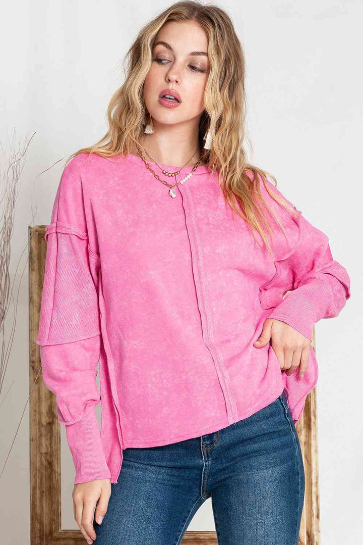 Full Size Exposed Seams Round Neck Dropped Shoulder Sweatshirt |1mrk.com