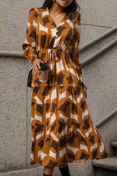 Printed Tied Pocketed Lantern Sleeve Dress | 1mrk.com