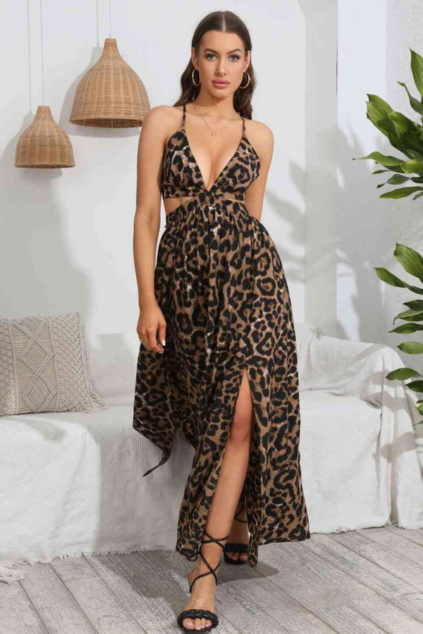 Leopard Deep V Tie Back Split Dress |1mrk.com