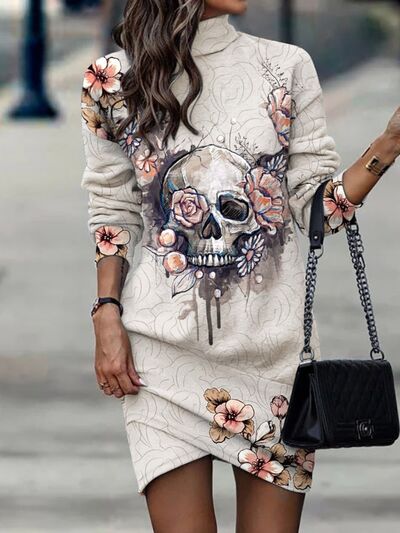 Printed Turtleneck Long Sleeve Mini Dress | 1mrk.com