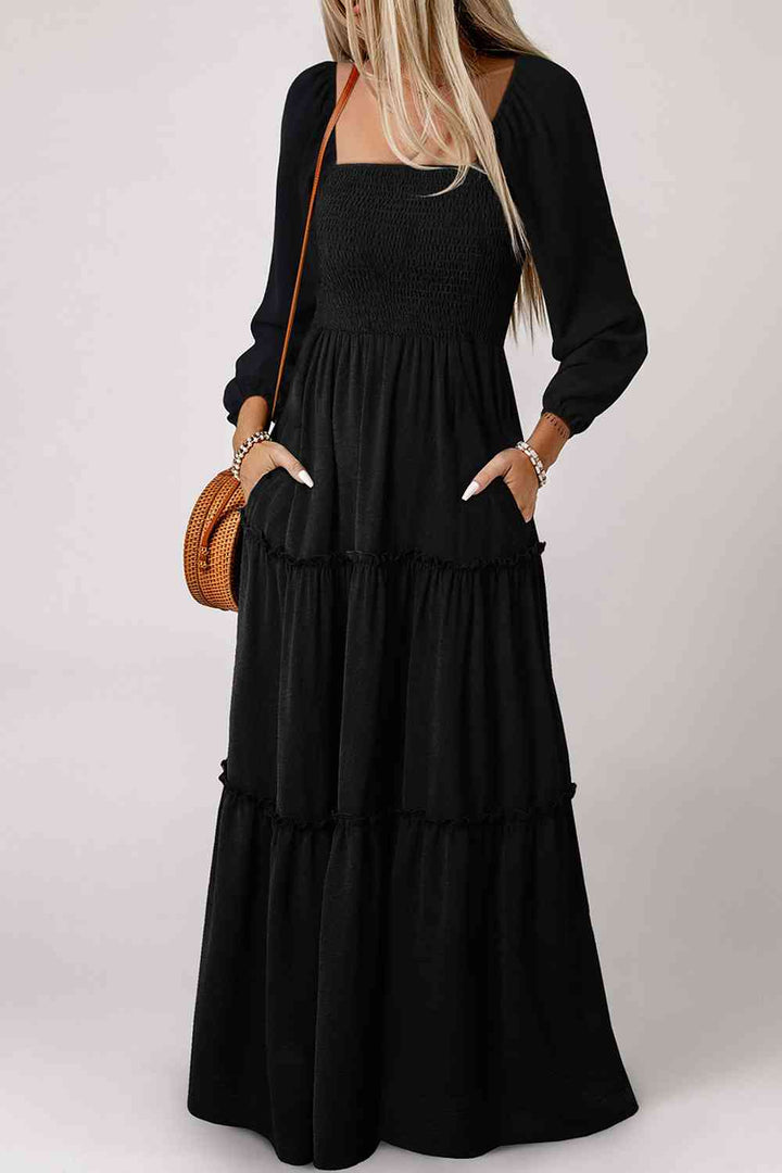 Square Neck Long Sleeve Tiered Dress |1mrk.com