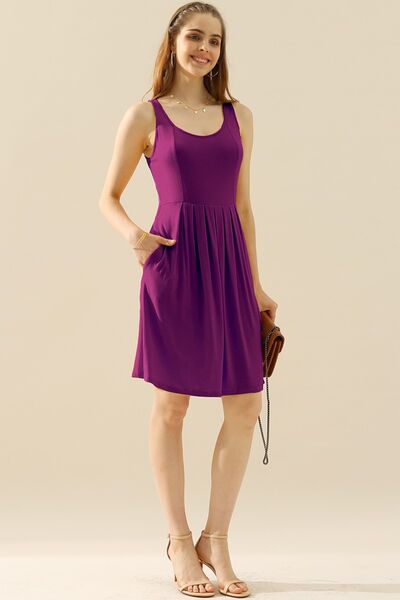 Doublju Full Size Round Neck Ruched Sleeveless Dress with Pockets |1mrk.com