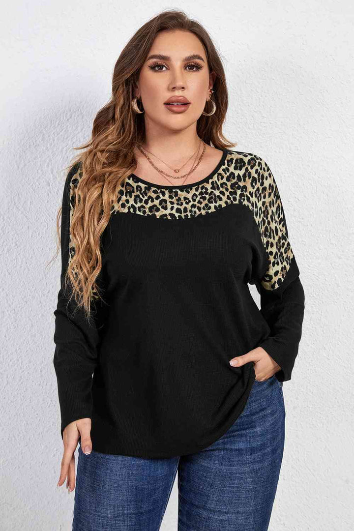 Melo Apparel Plus Size Leopard Trim Round Neck Long Sleeve Tee | 1mrk.com