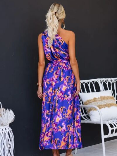 Printed Ruched One Shoulder Dress |1mrk.com