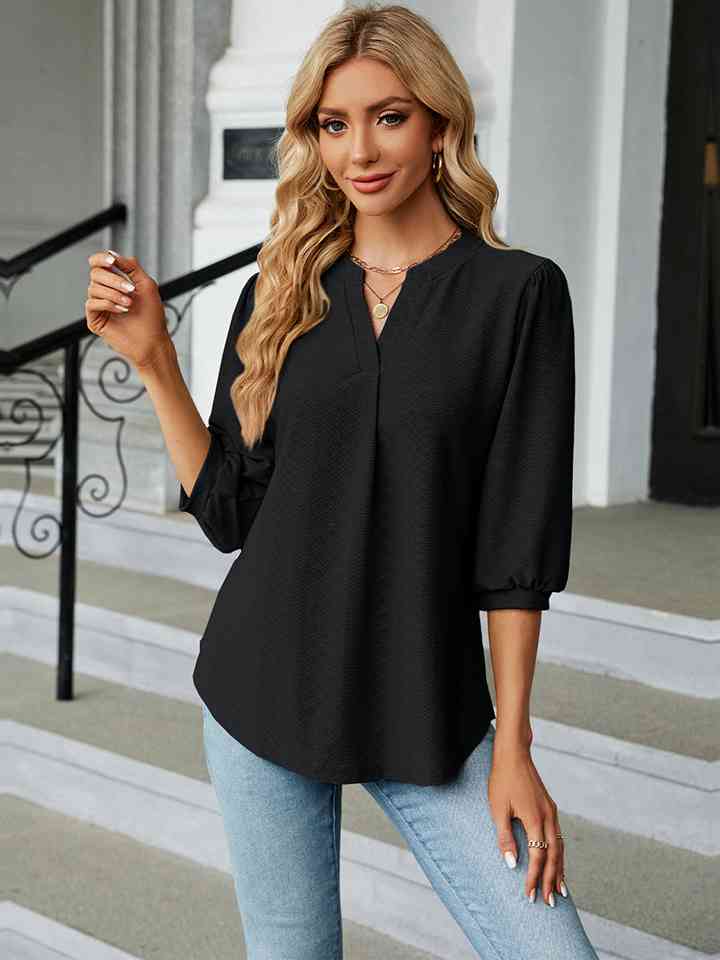 Notched Neck Three-Quarter Sleeve Blouse | 1mrk.com