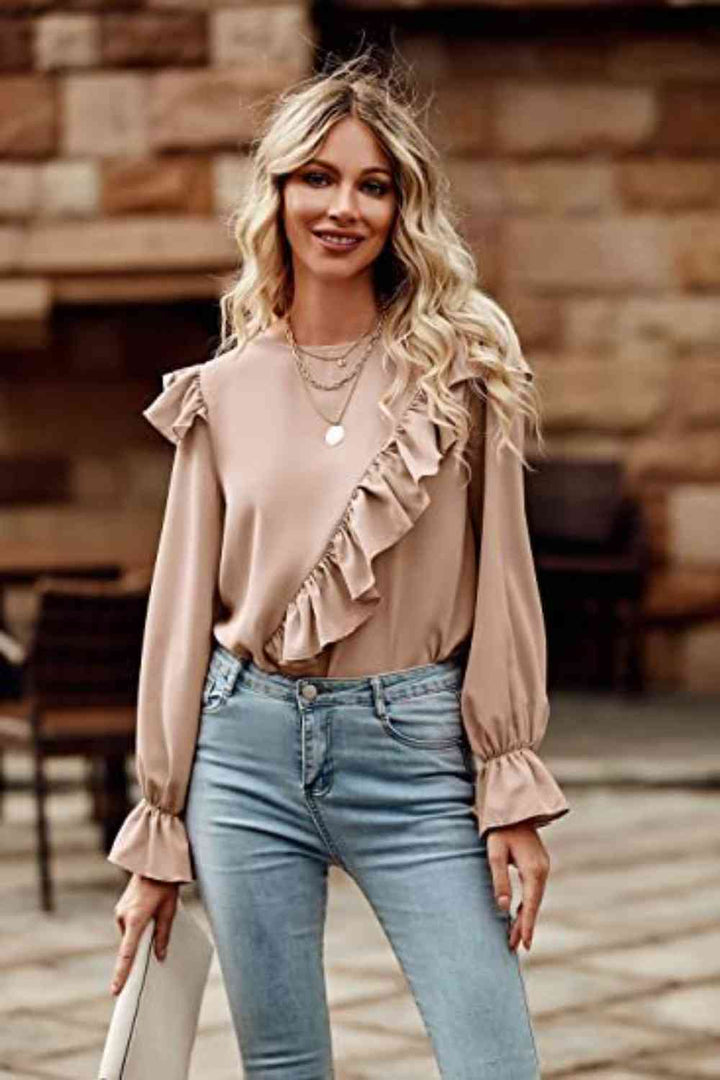 Ruffled Round Neck Long Sleeve Top | 1mrk.com