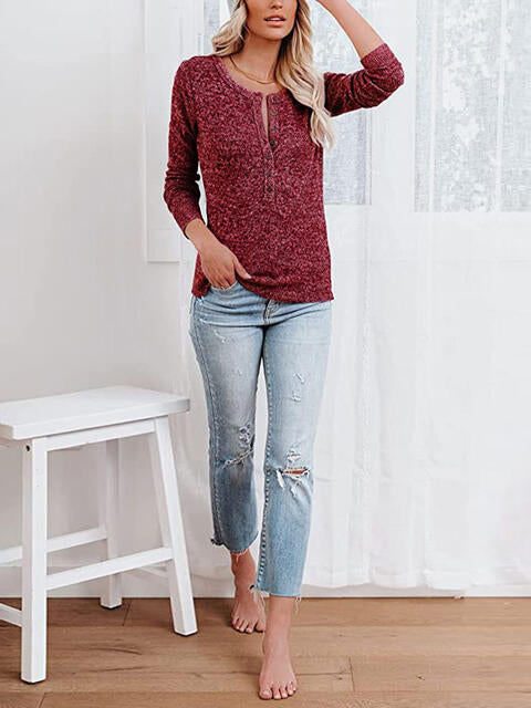 Round Neck Buttoned Long Sleeve T-Shirt | 1mrk.com