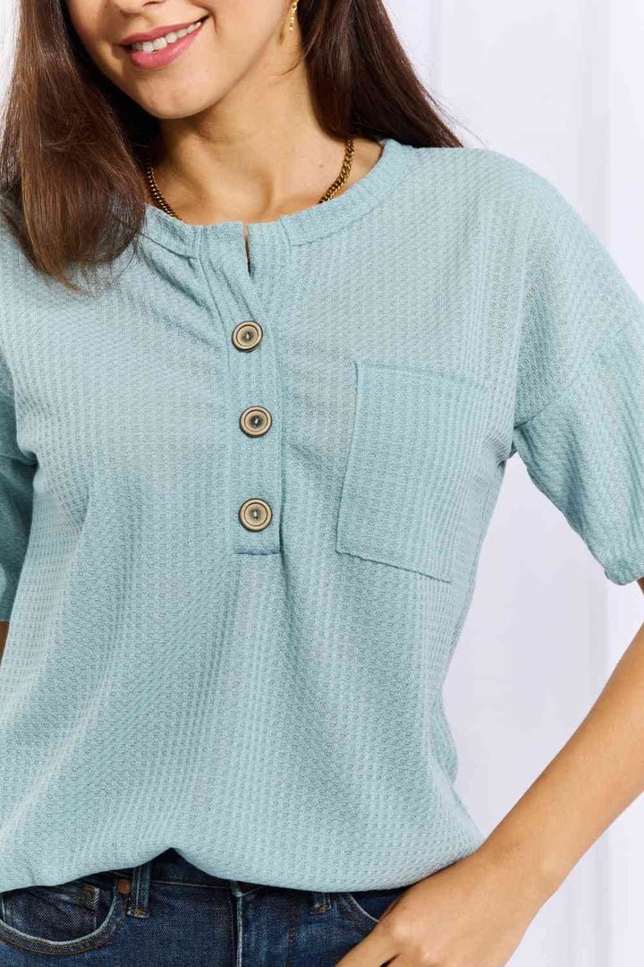 Heimish Made For You Full Size 1/4 Button Down Waffle Top in Blue | 1mrk.com