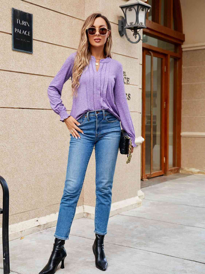 Pleated Notched Neck Flounce Sleeve Blouse | 1mrk.com