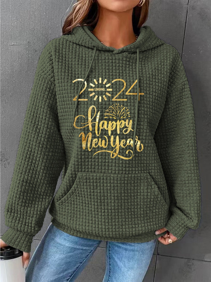 Full Size 2024 HAPPY NEW YEAR Waffle-Knit Hoodie | Trendsi