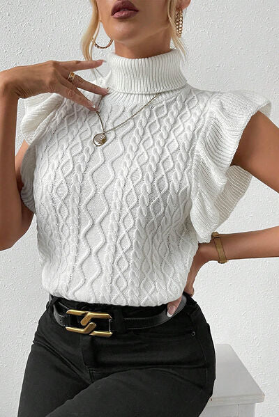 Cable-Knit Turtleneck Cap Sleeve Sweater | Trendsi