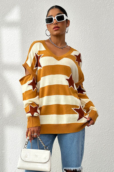 Star Pattern V-Neck Cutout Sweater | Trendsi