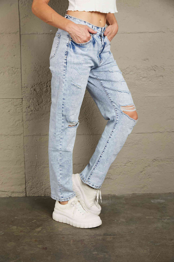 Baeful Splatter Distressed Acid Wash Jeans with Pockets | 1mrk.com