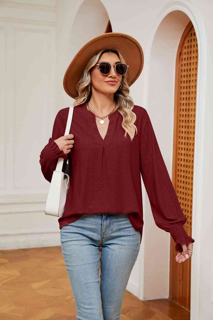 Notched Neck Flounce Sleeve Blouse | 1mrk.com