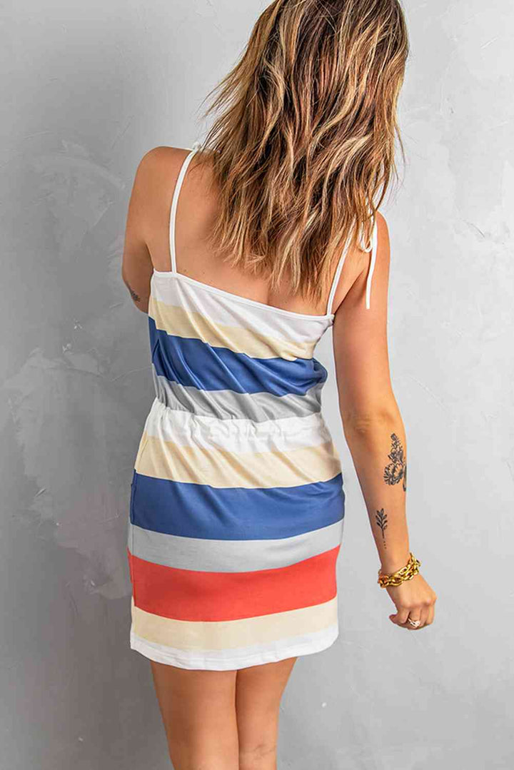 Striped Drawstring Waist Tie-Shoulder Mini Dress |1mrk.com