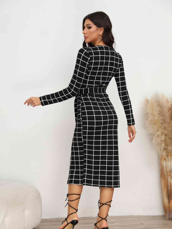 Plaid Long Sleeve Slit Dress |1mrk.com