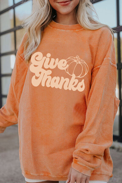 GIVE THANKS Ribbed Round Neck Sweatshirt | Trendsi