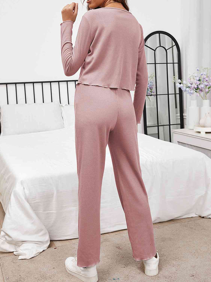 Button Front Long Sleeve Top and Pants Lounge Set | 1mrk.com