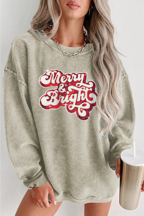 Round Neck Sequin Letter Spelling Graphic Long Sleeve Sweatshirt |1mrk.com