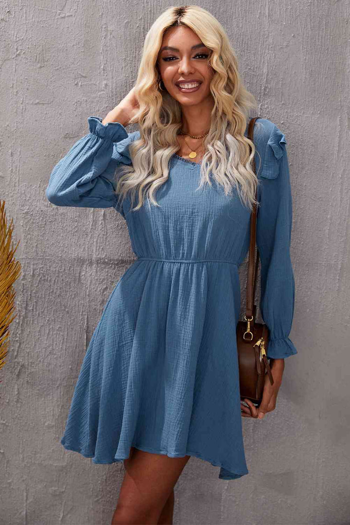 Ruffled V-Neck Flounce Sleeve Textured Dress |1mrk.com