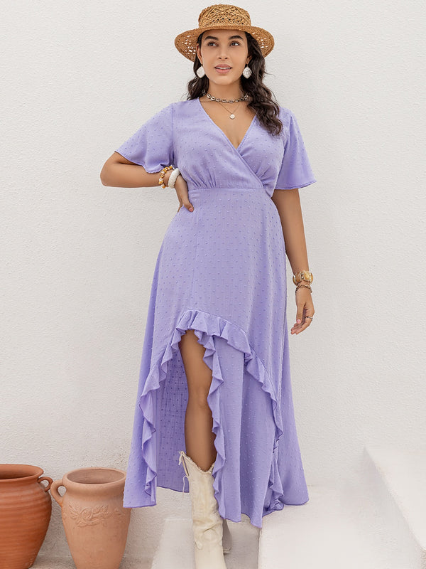 Plus Size Swiss Dot High-Low Surplice Dress | Trendsi