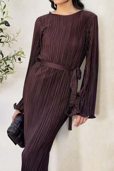 Textured Tied Round Neck Long Sleeve Dress |1mrk.com