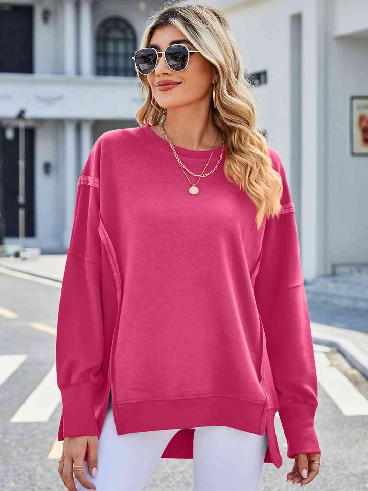 Exposed Seam High-Low Round Neck Sweatshirt |1mrk.com