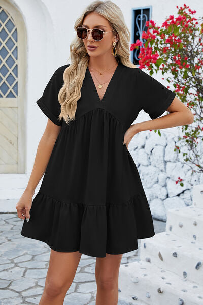 Ruched Tiered V-Neck Short Sleeve Mini Dress | Trendsi