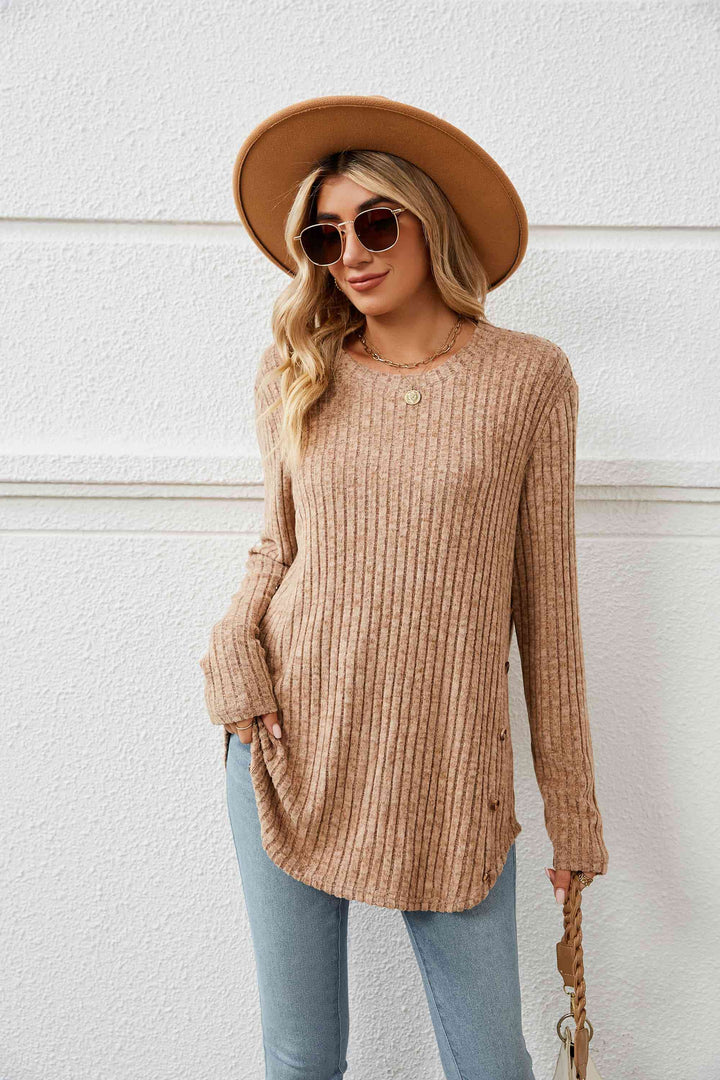 Round Neck Ribbed Long Sleeve T-Shirt | 1mrk.com