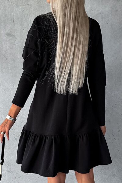 Notched Long Sleeve Ruffle Hem Mini Dress | 1mrk.com