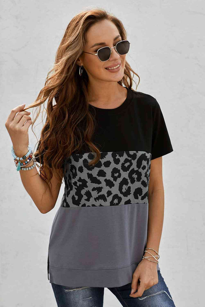 Leopard Print Color Block Short Sleeve T-Shirt | 1mrk.com