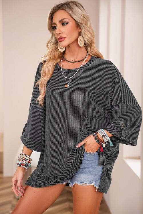 Round Neck Slit Roll-Tab Sleeve Oversize Top | 1mrk.com