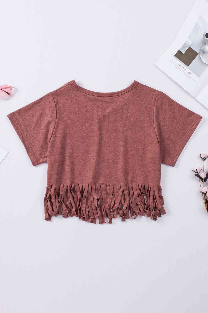 V-Neck Fringe Hem T-Shirt | 1mrk.com