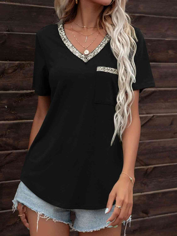 Glitter V-Neck Short Sleeve Tee Shirt | 1mrk.com