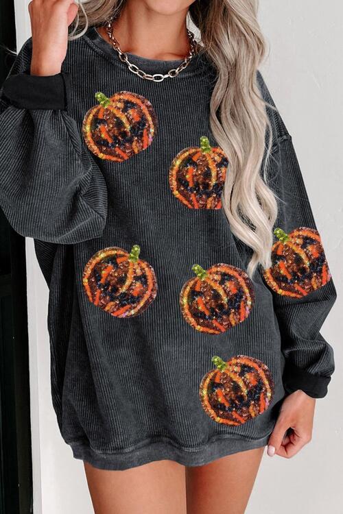 Sequin Patch Pumpkin Round Neck Sweatshirt |1mrk.com