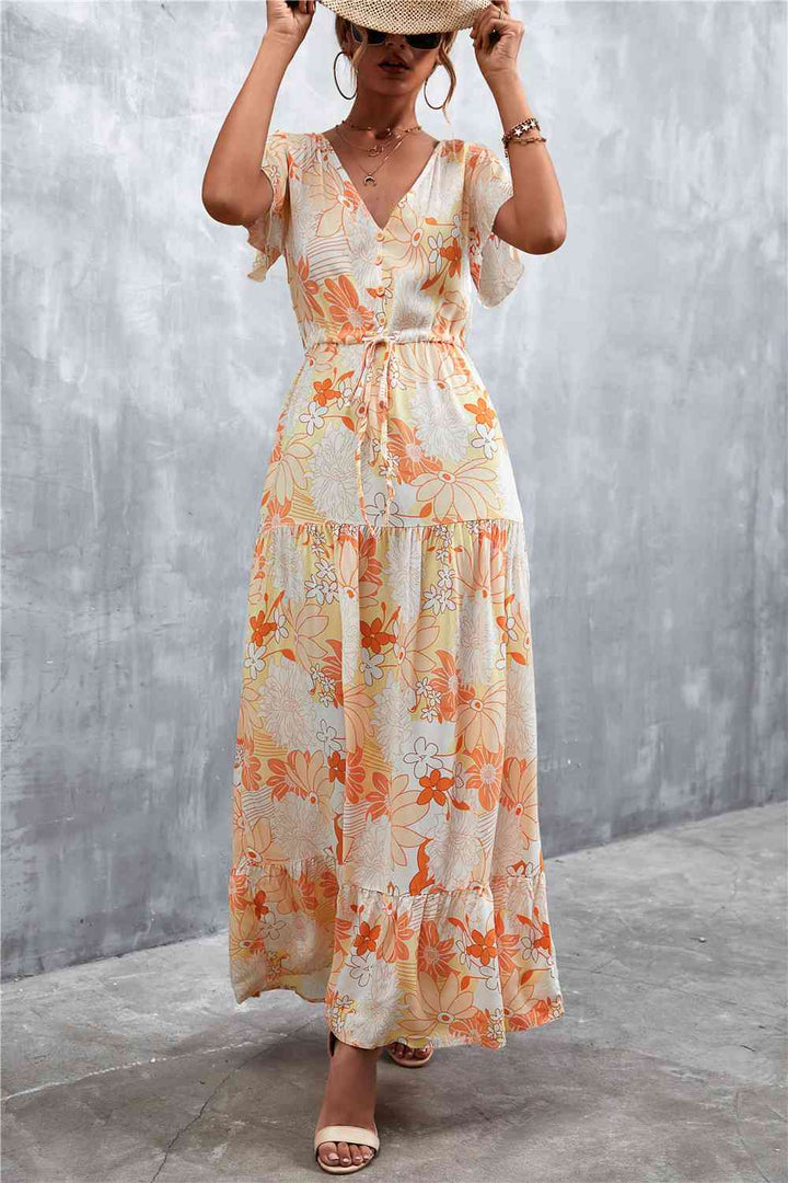 Floral Buttoned Drawstring Waist Tiered Dress |1mrk.com