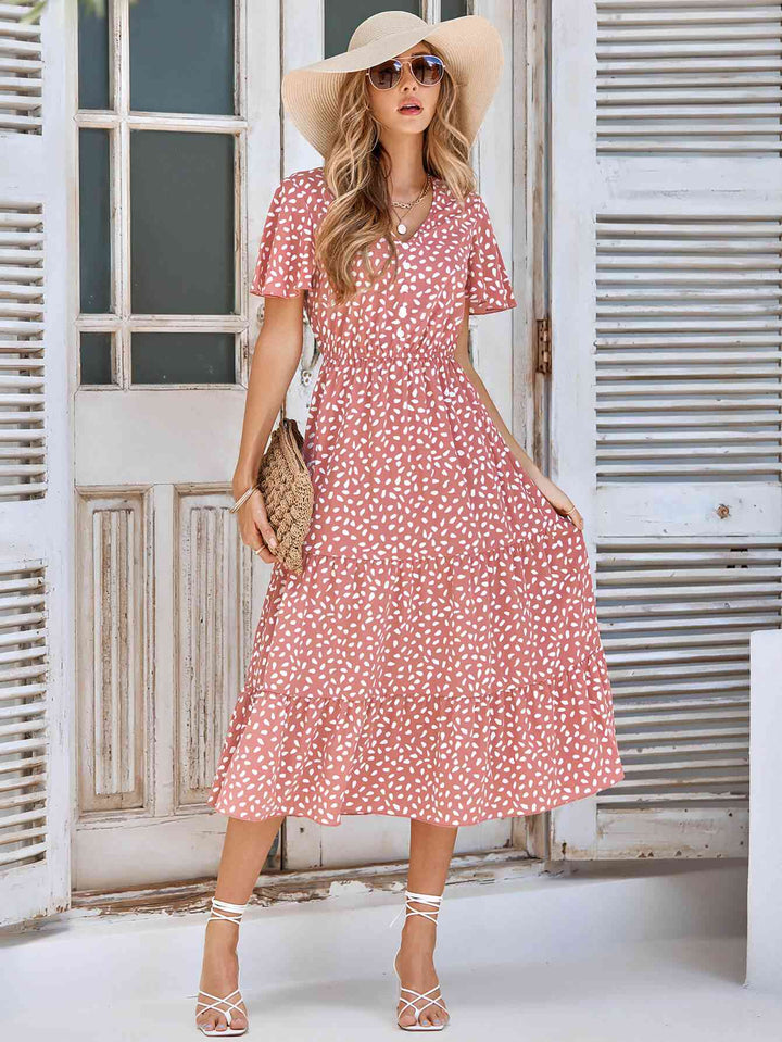 Printed Flutter Sleeve Tiered Dress |1mrk.com