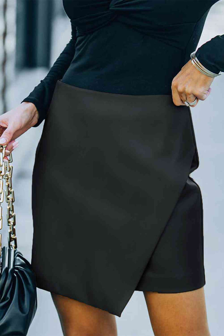 Double Take Asymmetrical PU Leather Mini Skirt |1mrk.com