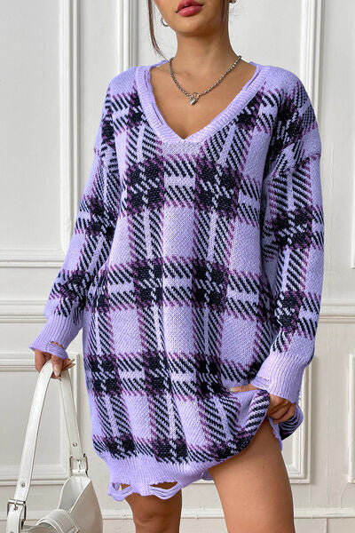 Plaid V-Neck Long Sleeve Sweater Dress | 1mrk.com