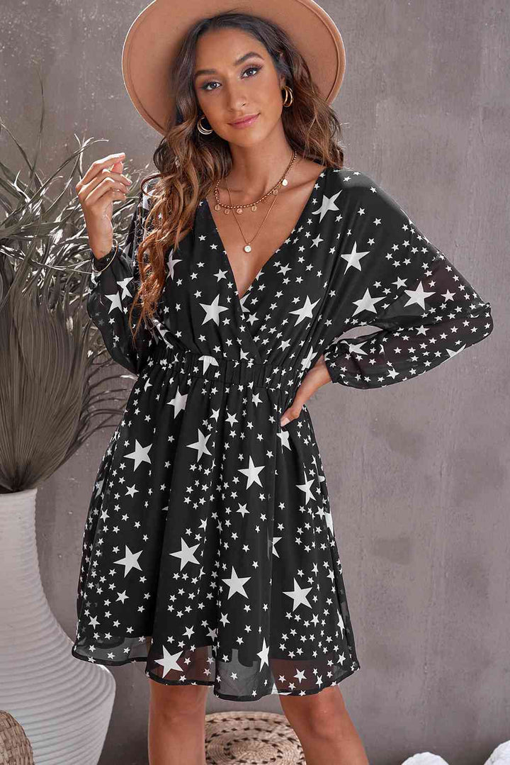 Star Print Dropped Shoulder Surplice Dress | 1mrk.com