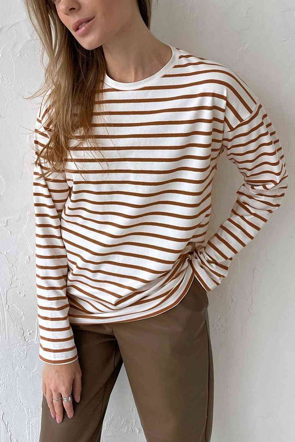 Round Neck Striped Dropped Shoulder T-Shirt | 1mrk.com